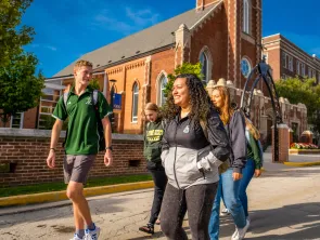 Students walking in from of Old St. Joe's