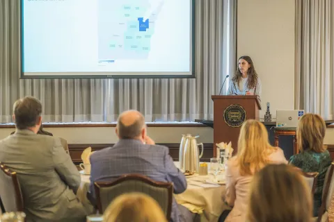 Student presenting research