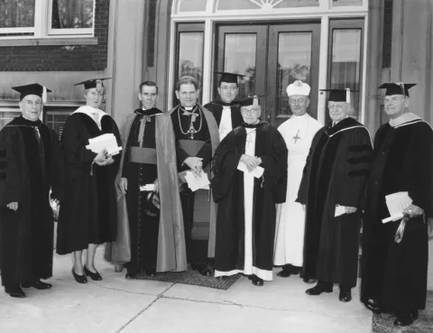 Fulton Sheen next to Bishop Bona, the Rev. Sylvester Killeen, O. Praem., and Abbot Pennings