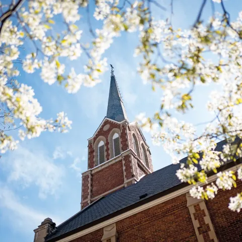 Old St. Joseph Church surrounded by blossoms